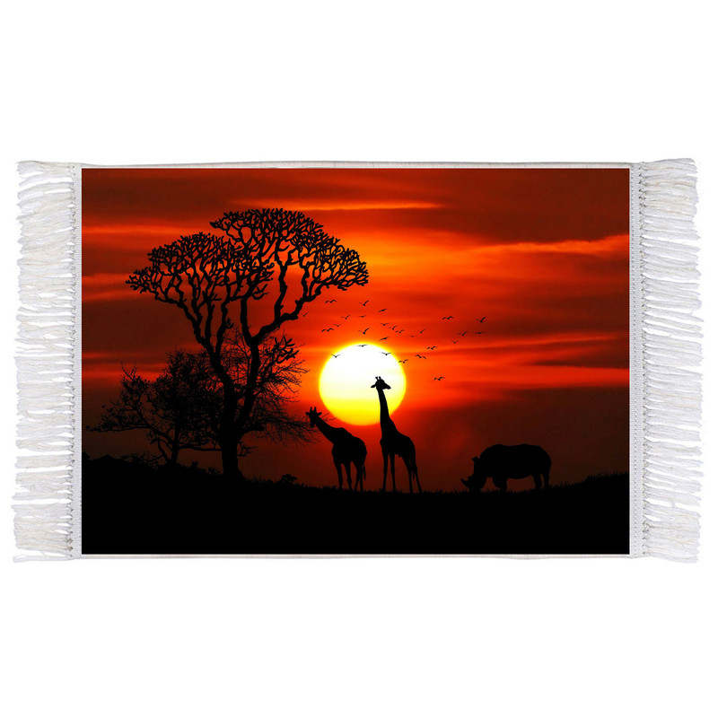 فرش ماشینی دیوارکوب اطلس آبی طرح غروب آفتاب و درخت و پرنده و زرافه مدل T1673