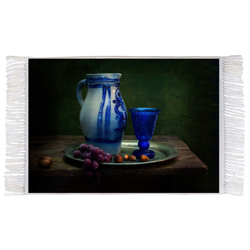 فرش ماشینی دیوارکوب اطلس آبی طرح نقاشی پارچ و لیوان و میوه مدل T1096