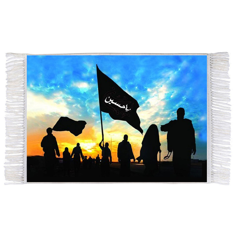 فرش ماشینی دیوارکوب اطلس آبی طرح اربعین و پرچم یا حسین مدل T2252