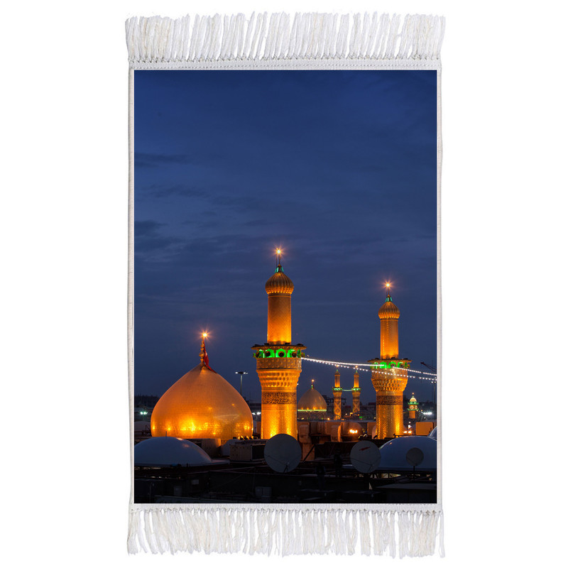 فرش ماشینی دیوارکوب اطلس آبی طرح حرم امام حسین و حضرت عباس مدل T2426